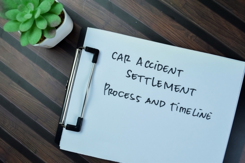 "A clipboard with a document titled 'Car Accident Settlement Process and Timeline' placed on a wooden table next to a small potted plant.